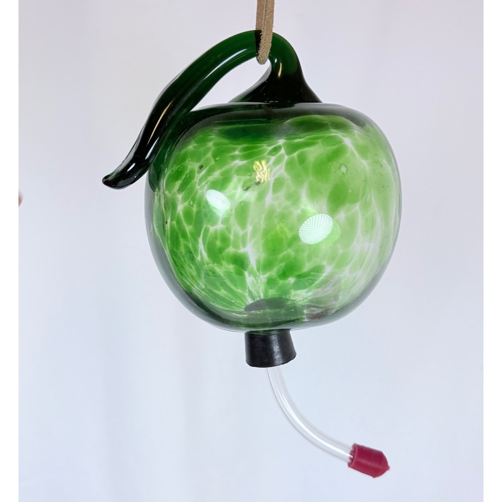 Hand Blown Hummingbird Feeder Green Apple Hanging Bird Feeder Bubble Glass
